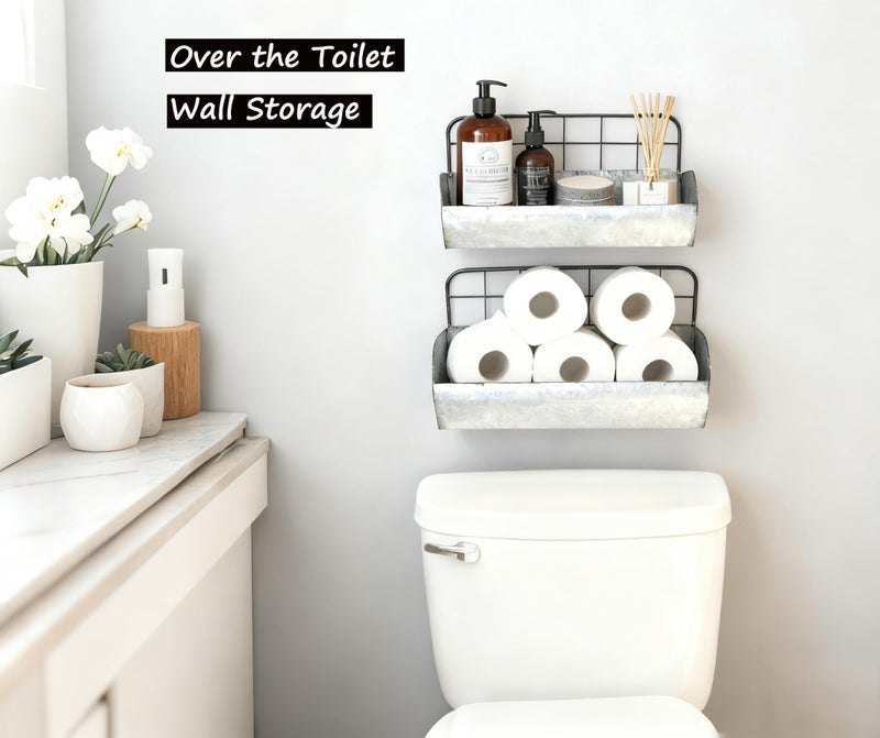 ShabbyDecor Galvanized Metal Farmhouse Wall Storage Holder Rustic Tin Shelves for Kitchen Laundry Room Bathroom Metal Hanging Wire Basket Set of 2 - Image 3